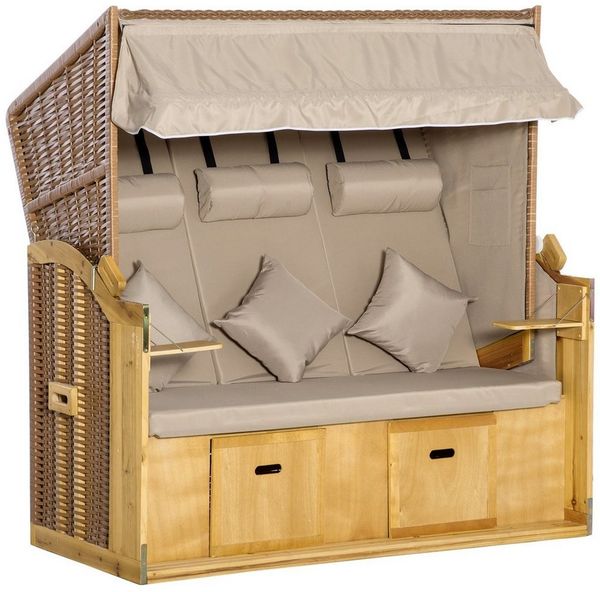 Outsunny Strandkorb Mit Dach 2 Klapptischen Fußstütze Chaiselongue, BxTxH: 150x79x160 cm, Halblieger, 867-107, (Relaxliege, 1-tlg, Sonnenliege), Polyrattan Natur