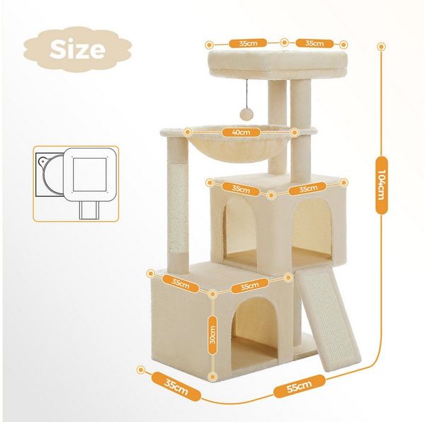 PAWZ Road Kratzbaum Kratzbaum 104cm Katzenbaum mit 2 geräumigen Höhle für Wohnungskatzen, gepolsterter Sitzstange, Kratzpad und abziehbarer Spielball grau