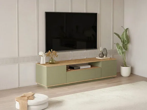 Vente-unique - LOTULA TV unit Holz, Platte GrünBeige - B 44,5 cm x H 44,6 cm x L 180 cm