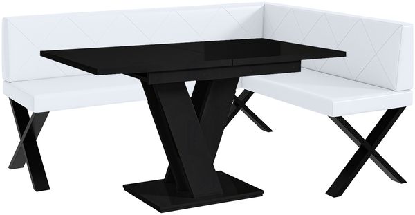 MEBLINI Eckbank für Esszimmer mit ausziehbarem Tisch - Küchenbank - Essecke - Sitzecke Küche - ERIC - X-Beine 128x168x87cm Rechts - Weiß Kunstleder/M Schwarz Hochgl.