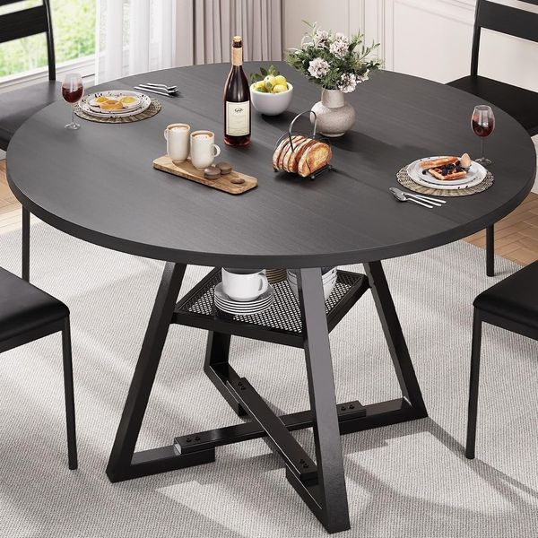 Jocoevol Esstisch Runder für 2–4 Personen, Esszimmertisch mit Ablage, platzsparender Küchentisch aus Holz im Industrial Design (Schwarz, 107 x 107 x 76 cm)