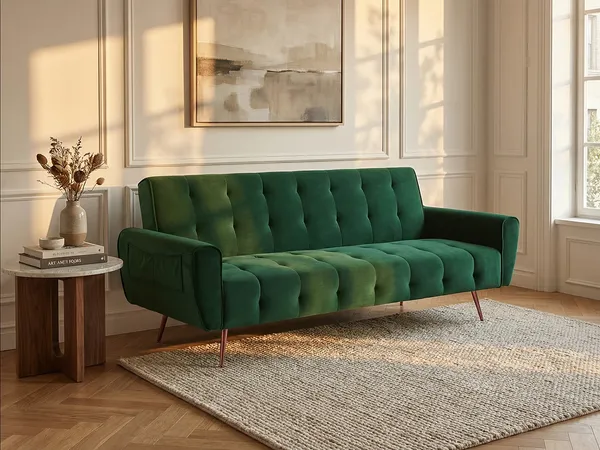Vente-unique - Schlafsofa Klappsofa 3-Sitzer - Samt - Tannengrün - POLANI
