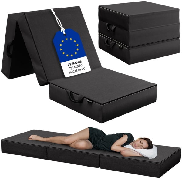 Bellamio 'Lomme' Klappmatratze 75x195 cm, 3-fach faltbar, Höhe 15 cm, Härtegrad H3, Gästematratze mit Tragegriffen, schwarz, abnehmbarer Bezug