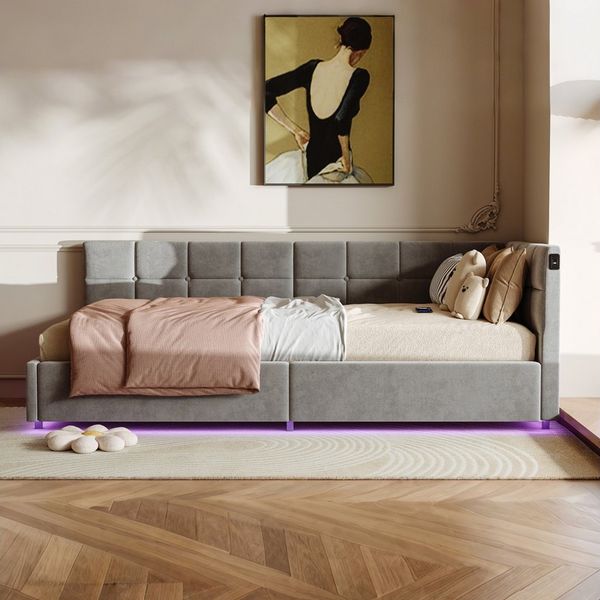 PXloue Polsterbett Daybett Tagesbett (Inklusive USB-Typ-C-Ladeanschluss), LED-Beleuchtung Einzelbett 90x200cm mit Ladefunktion