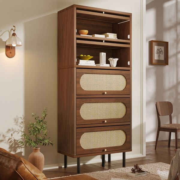 Novelux Hochschrank Sideboard mit Rattan 80 x 40 x 163 cm, 5 Klappen für maximalen Stauraum – Holz MDF & Metallbeine Nussbaum, Flurschrank Wohnzimmerschrank