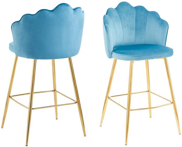 Barhocker Blau 2er Set 52 x 54 cm Samt Muscheldesign mit Metallgestell Gold