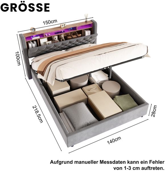 MODFU Polsterbett Mit Stauraum,LED-Beleuchtung und USB-Anschlüssen (Funktionsbett, 1-tlg, Stabiler Metallrahmen, inkl. Lattenrost, ohne Matratze), 140x200 cm, Hollandvelours, Kopfteil-Ablage Bild 6