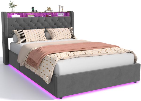 MODFU Polsterbett Mit Stauraum,LED-Beleuchtung und USB-Anschlüssen (Funktionsbett, 1-tlg, Stabiler Metallrahmen, inkl. Lattenrost, ohne Matratze), 140x200 cm, Hollandvelours, Kopfteil-Ablage Bild 7