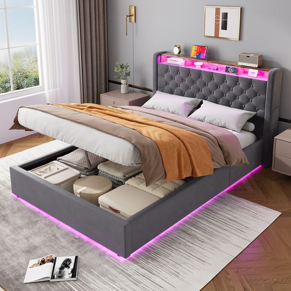 MODFU Polsterbett Mit Stauraum,LED-Beleuchtung und USB-Anschlüssen (Funktionsbett, 1-tlg, Stabiler Metallrahmen, inkl. Lattenrost, ohne Matratze), 140x200 cm, Hollandvelours, Kopfteil-Ablage