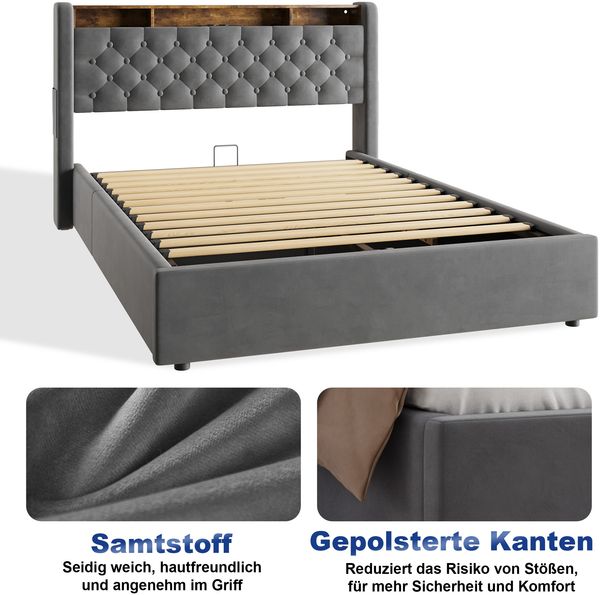 MODFU Polsterbett Mit Stauraum,LED-Beleuchtung und USB-Anschlüssen (Funktionsbett, 1-tlg, Stabiler Metallrahmen, inkl. Lattenrost, ohne Matratze), 140x200 cm, Hollandvelours, Kopfteil-Ablage Bild 8