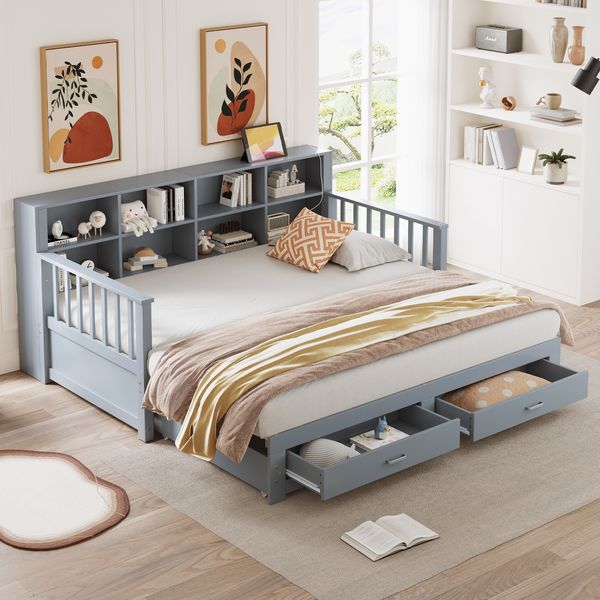 Ausziehbett 90/180×190 cm mit Stauraum, Steckdose und Lattenrost, Grau, ohne Matratze