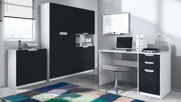 Vladon Aktenschrank Logan (Büromöbel-Set, mit 1 Schreibtisch, 2 Schränken und 1 Kommode) Weiß matt/Schwarz matt (246 x 60 x 185 cm)