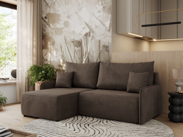 Ecksofa für das Wohnzimmer, mit losen Kissen, Schlaffunktion und Bettkästen, L-förmiges Ecksofa mit Armlehnen, Wellenfeder - ARPA - Braun Velours - linke Seite