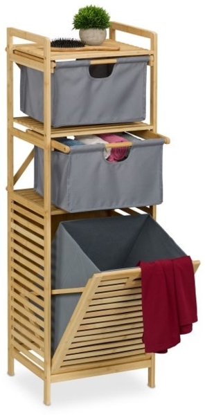 Badregal mit Wäschekorb Bambus, Natur, Grau, 2x Stoffschubladen Bild 1