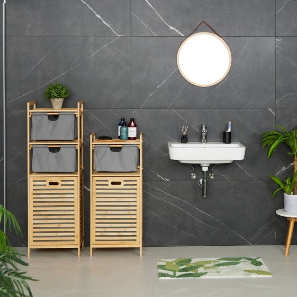 Badregal mit Wäschekorb Bambus, Natur, Grau, 2x Stoffschubladen Bild 3