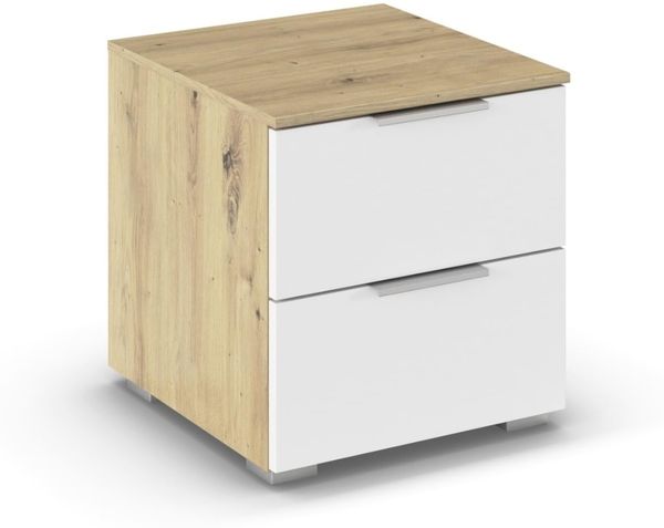 Rauch Möbel Alabama, Nachttisch für Schlafzimmer, Kinderzimmer, Gästezimmer, mit 2 Schubladen, Soft-Close-Funktion, Farbe Weiß/Eiche Artisan, Holz, Griff Alufarben, Maße 40 x 42 x 42 cm