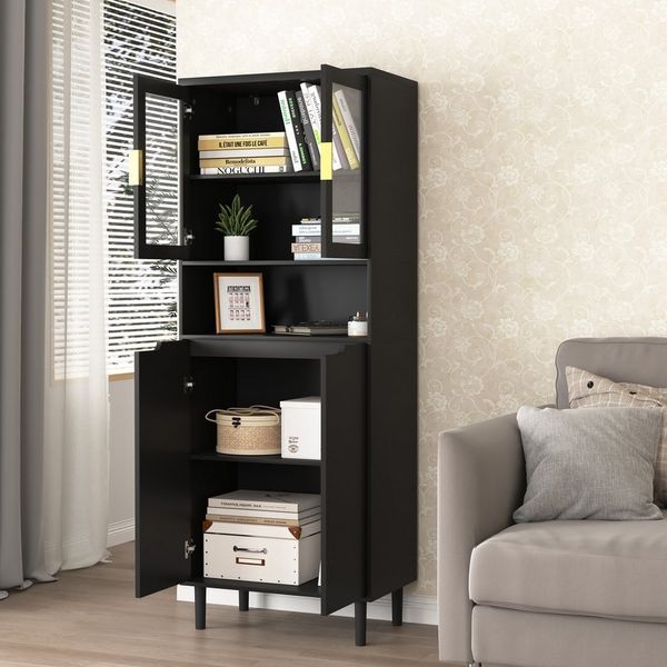 REDOM Bücherregal Modernes Hochschrank, mit 4 Türen & gehärtetem Glas – Viel Stauraum, sicherer Stand 1-tlg.