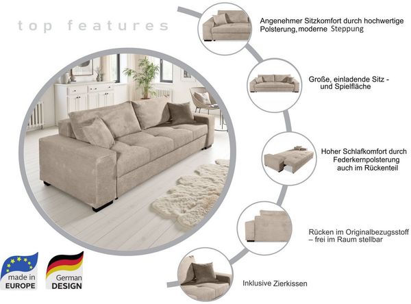 COLLECTION AB Schlafsofa Kreta, B: 248 cm, Liegefl. 137x195 cm, Bettfunktion, Bettkasten & 2 Zierkissen, optional mit Topper Bild 3