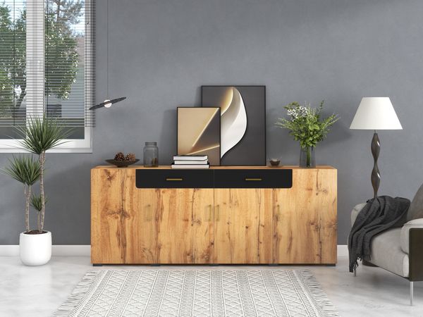 Sideboard 208x39,5x80 cm, 2 Schubladen & 4 Türen, braun/weiß-marmoriertes Design, Spanplatte/MDF