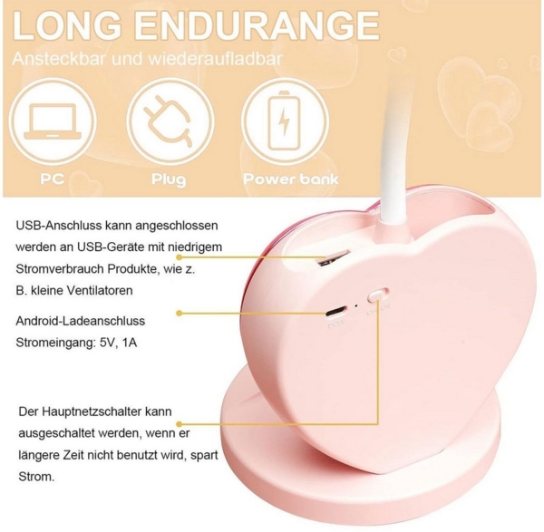 POPOLIC LED Schreibtischlampe Stifthalter-Schreibtischlampe, abnehmbarer magnetischer Spiegel, 1200 mAh, stufenloses Dimmen, lüfterlos Bild 2