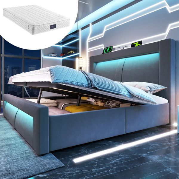 Polsterbett, Samt mit Stauraum, LED & USB-Anschluss, 160x200 cm, Grau, mit Matratze