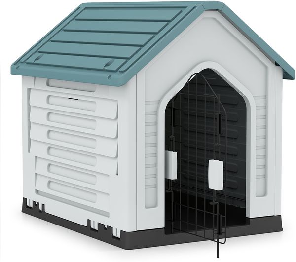 Kunststoff-Hundehütte Tierunterkunft mit abschließbarer Metalltür Belüftungsschlitzen & geneigtem Dach Blau