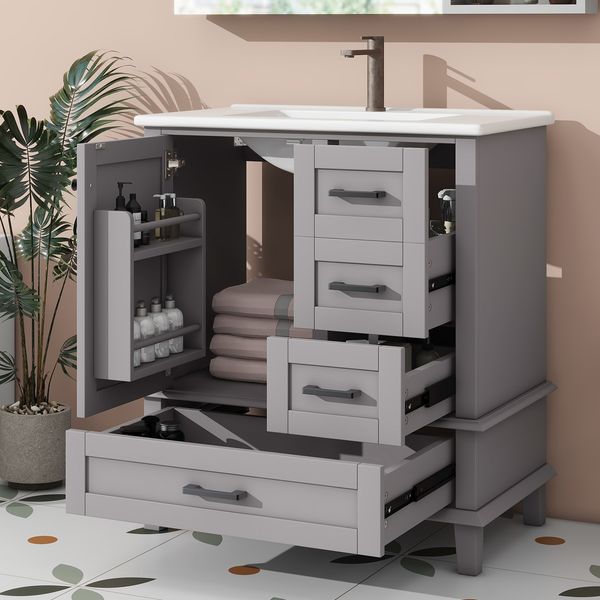 76x46x83,5cm Bodenstehender Badezimmerschrank mit Waschbecken, Waschtisch, Volllackierung, Türregal, drei geräuschlose Schubladen, integriertes Keramikwaschbecken, Grau