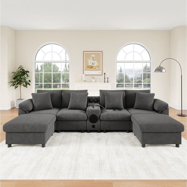 STILVORA Ecksofa mit Bluetooth-Lautsprecher U-Form & L-Form Cord Sofa mit Konsole, Relaxsofa mit 2 Fußhocker USB-Anschlüssen, Getränkehaltern, für geräumige Wohnzimmer oder moderne, offene Büroräume