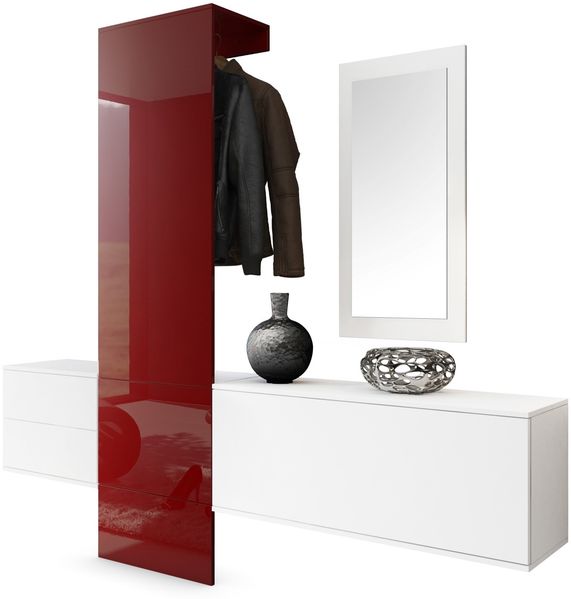 Garderobe Wandgarderobe Carlton Set 1, Korpus in Weiß matt / Paneel in Bordeaux Hochglanz
