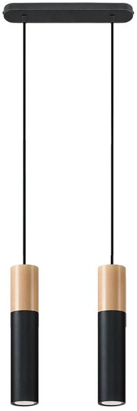 Pendelleuchte, Schwarz, Stahl, Holz, 2-flammig, L 34 cm