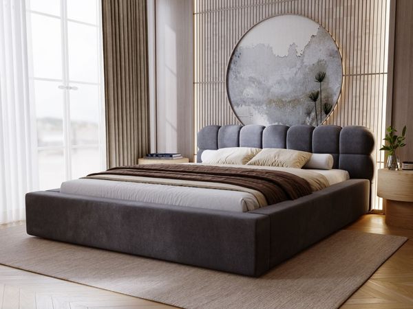 GRAINGOLD Plaza Polsterbett 120x200, Doppelbett mit Bettkasten, gepolstertes Kopfteil, Velour-Stoff, Dunkelgrau