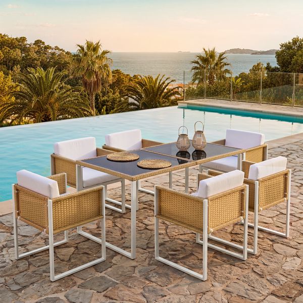 Polyrattan-Esstisch- und Stuhlset, Gartenmöbel, 6-Personen-Garten-Essgruppe mit Sesseln, abnehmbare und waschbare Stoffbezüge