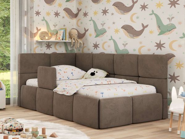 Jugendbett, Kinderbett mit Kopfteil ARVO ALTA 90 x 200 cm, Polsterbett mit Stauraum, hoher Schlafkomfort - Braun Velvet - Links