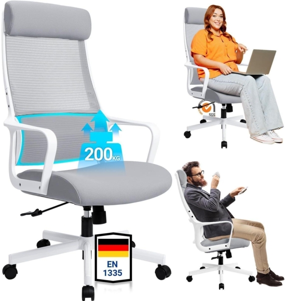 Ergonomischer Bürostuhl 200 kg, Gasdruckfeder Klasse 4, Grau, EN 1335