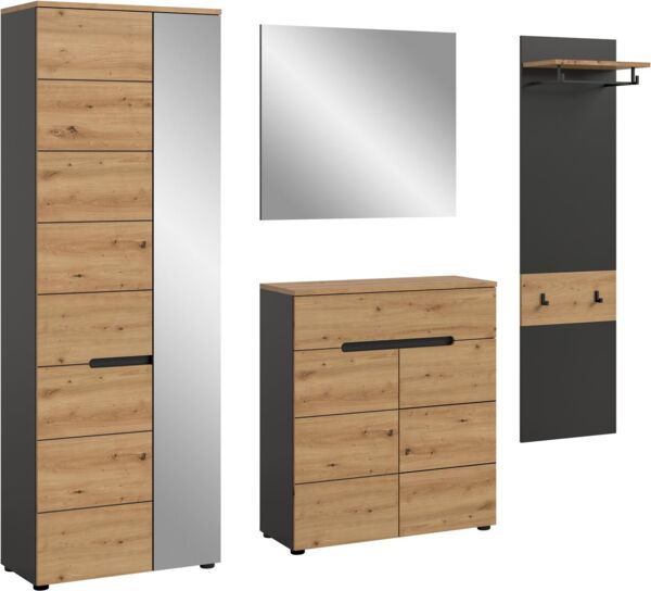 Home affaire Garderoben-Set REHAT, TOPSELLER!, 4-teilig, Breite 220 cm, individuell erweiterbar, (Set, 4-St, bestehend aus: Garderobenschrank, Kommode, Spiegel & Garderobenpaneel), Garderobenkombination, Kombination, Set, Flurgarderobe, Diele