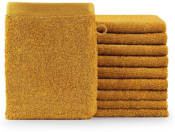 Blumtal Waschhandschuh 10er Set aus Frottee 15x20 cm - weich und saugstark, (Set), mit modischer Bordüre und praktischer Aufhängeschlaufe, 100% Baumwolle