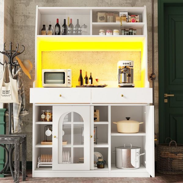 KLAM HOME Küchenbuffet Hochschrank Esszimmerschrank, Vitrinenschrank mit 2 Schubladen (Buffetschrank mit Verstellbaren Ablagen, Sideboard mit LED-Beleuchtung) Küchenschrank mit variable Lichtfarben, Weiß