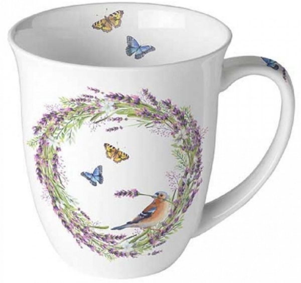 Ambiente Luxury Paper Products Becher Blumen, Frühling, Vogel, Sommer, Blossom, Mug, Winter Motiv, Porzellan Vogel, Buchfink im Kranz, Schmetterling, Frühling, Herbst, Kollektion, Tischdeko, als Geschenk geeignet