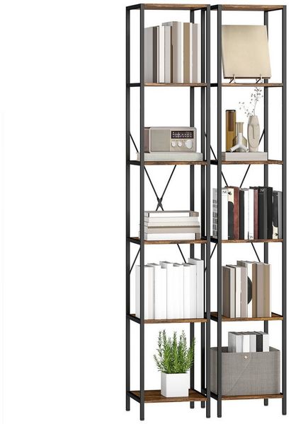 HOMCOM Bücherregal 2er-Set Regal mit 6 Ebenen, Standregal Industrial Dekoregal mit Stahlrahmen für Wohnzimmer, Homeoffice, Schlafzimmer, 30 x 30 x 174,5 cm, Rustikal-Braun