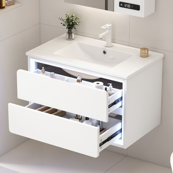 76x46x48.5cm Wandhängend Badezimmerschränke, Volllackierung, LED-Radarsensor-Beleuchtung, zwei Schubladen, leise Gleitschienen, Waschtisch,integriertes Waschbecken, weiß