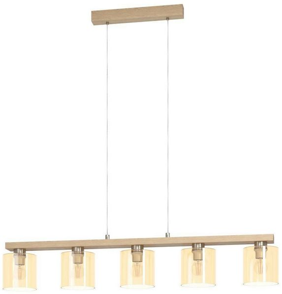 EGLO Hängeleuchte CASTRALVO Pendellampe, Stahl, Holz und Glas, E27, IP20, Esszimmerlampe, ohne Leuchtmittel, Pendelleuchte, L121 x B15 x H110 cm, nickel-matt, braun, amber, 5X28W
