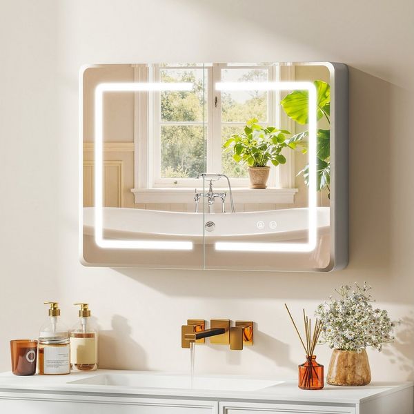 HOMCOM Spiegelschrank Verstellbares Regal (Badschrank Hängend, 1-St, Badezimmerschrank) LED-Beleuchtung, Antibeschlag