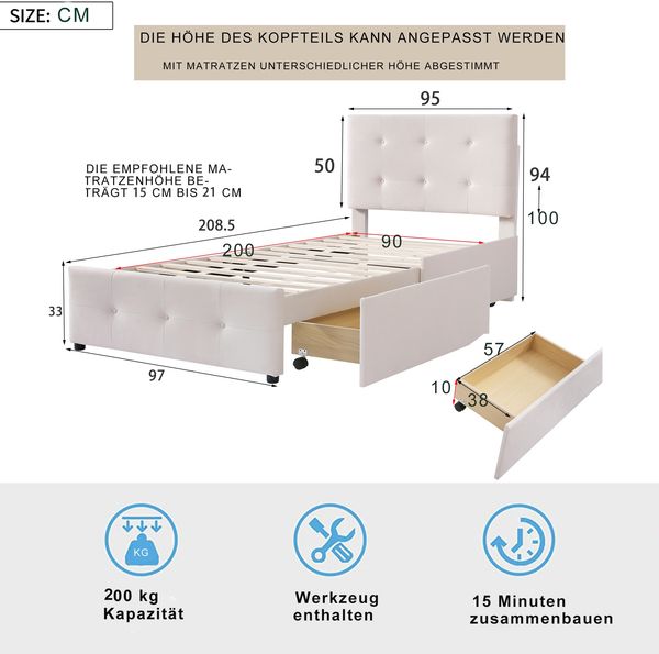 Polsterbett 90x200 cm aus Samt mit Stauraum – klassisches Design für Kinder, Jugend und Gäste Bild 5