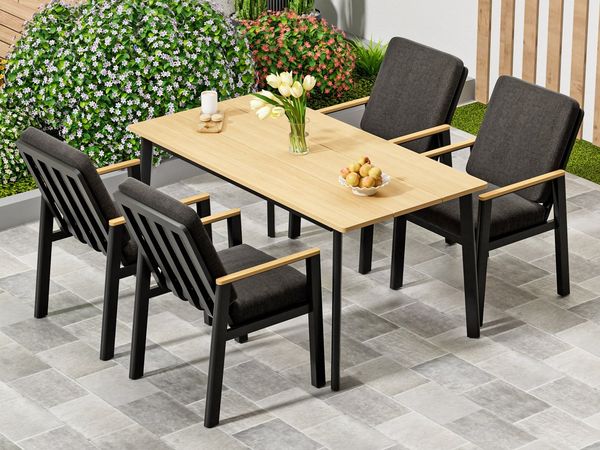 MeXo Gartenlounge-Set Garten Essgruppe für 4 Personen, (Gartenmöbel Set aus Aluminium, 5-tlg, mit PS-Tisch & bequemen Sesseln inkl. Kissen), Ideal für Garten, Terrasse & Balkon