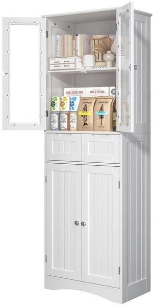 Bealife Hochschrank Badregal, Bücherschrank mit 2 Schubladen und 2 Türen, Vitrinenschrank