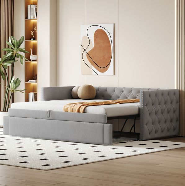 Hellgraues Schlafsofa 90x200 cm Mit Ausziehbett Und Samtbezug Multifunktionsmöbel 2-in-1 Design Sofabett Mit 300 Kg Tragkraft