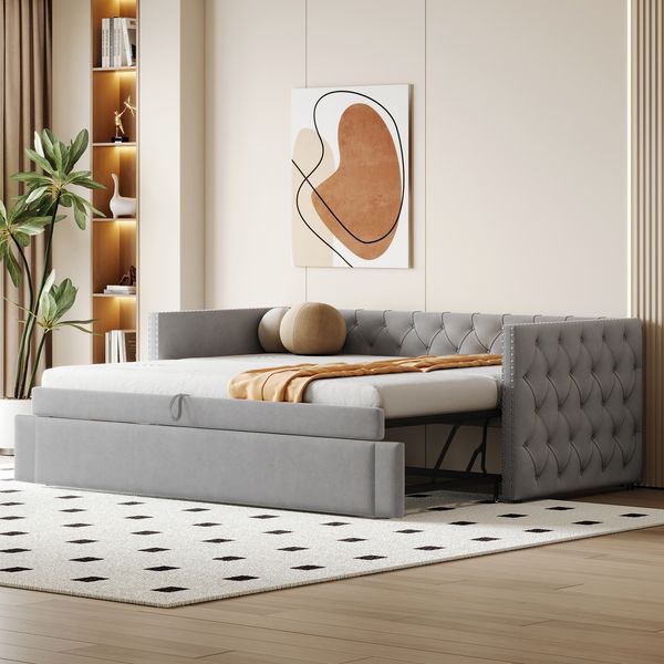 Hellgraues Schlafsofa 90x200 cm Mit Ausziehbett Und Samtbezug Multifunktionsmöbel 2-in-1 Design Sofabett Mit 300 Kg Tragkraft