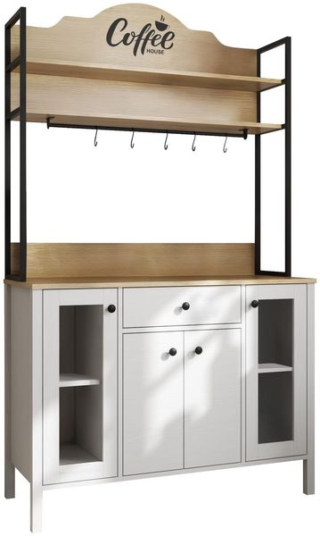 Modern Coffee Bar Cabinet, 120 x 210 x 50 cm | 100% Melamine Coated, MDF Legs, Metal Handles, Wall-Mountable, Elegant Wooden & White Design