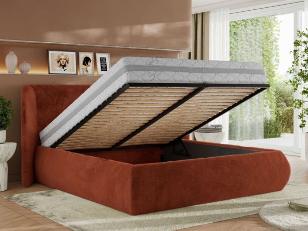 Polsterbett mit Lattenrost, Doppelbett Bettkasten, Bettgestell mit Gasdruckfeder Foam Matratze - CAELA CLASSIC - 200 x 200 cm - Orange Plüsch - MIRO LUX Bild 3