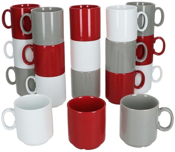MamboCat Becher MamboCat 18x Event Trio Kaffeebecher 250ml Grau Rot Weiß stapelbar, Porzellan